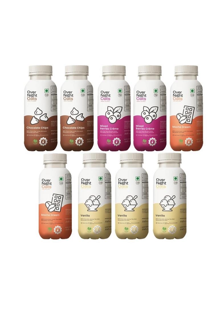 Overnight Oats With Vegan Protein | High Protein Oats Breakfast With Dietary Fibre | No Preservatives | 2 Chocolate Chips + 2 Mixed Berries + 2 Mocha + 3 Vanilla (Pack Of 9, 50G Each)