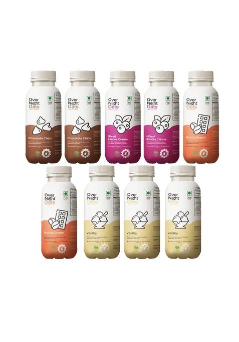 Overnight Oats With Vegan Protein | High Protein Oats Breakfast With Dietary Fibre | No Preservatives | 2 Chocolate Chips + 2 Mixed Berries + 2 Mocha + 3 Vanilla (Pack Of 9, 50G Each)