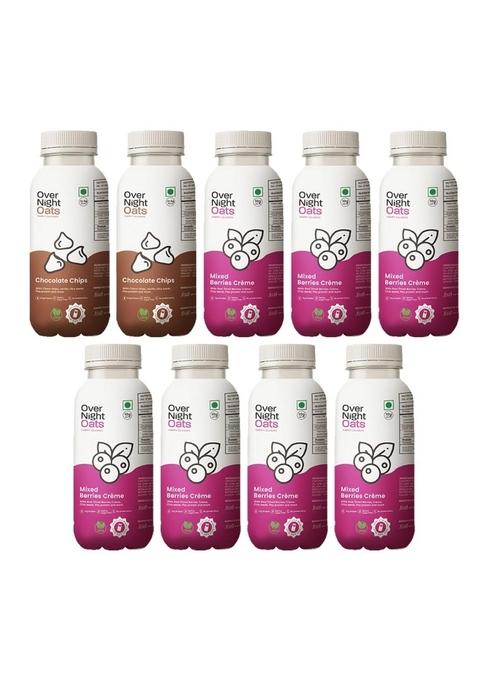 Overnight Oats With Vegan Protein | High Protein Oats Breakfast With Dietary Fibre | Just Add Milk | Ready In Minutes | No Preservatives | 2 Chocolate Chips + 7 Mixed Berries (Pack Of 9, 50G Each)