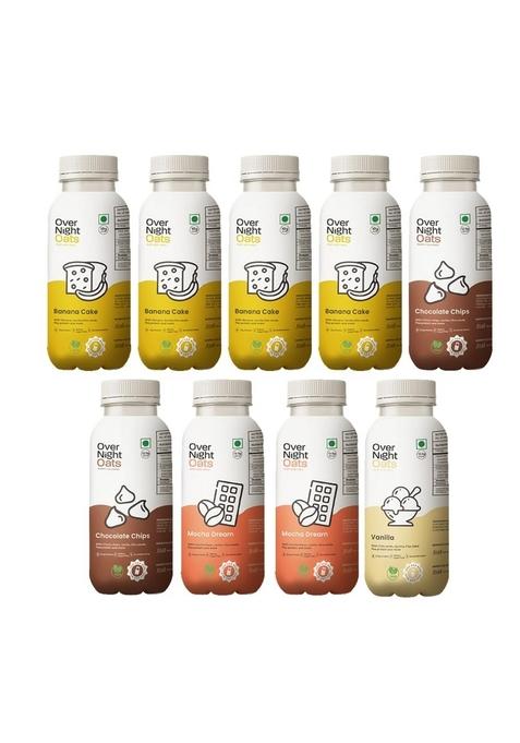 Overnight Oats With Vegan Protein | High Protein Oats Breakfast With Dietary Fibre | No Preservatives | 4 Banana Cake + 2 Chocolate Chips + 2 Mocha + 1 Vanilla (Pack Of 9, 50G Each)