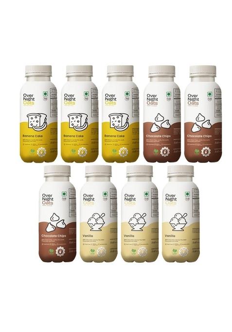 Overnight Oats With Vegan Protein | High Protein Oats Breakfast With Dietary Fibre | Just Add Milk | Ready In Minutes | 3 Banana Cake + 3 Chocolate Chips + 3 Vanilla (Pack Of 9, 50G Each)