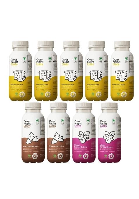 Overnight Oats With Vegan Protein | High Protein Oats Breakfast With Dietary Fibre | No Preservatives | 5 Banana Cake + 2 Chocolate Chips + 2 Mixed Berries (Pack Of 9, 50G Each)