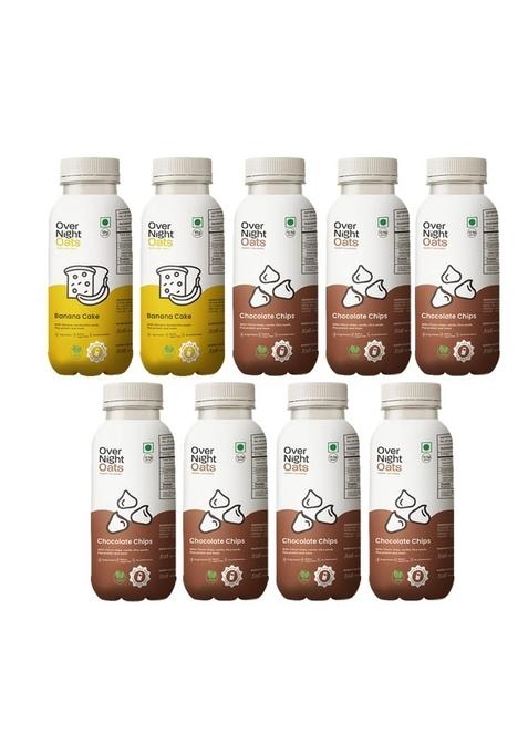 Overnight Oats With Vegan Protein | High Protein Oats Breakfast With Dietary Fibre | Just Add Milk | Ready In Minutes | No Preservatives | 2 Banana Cake + 7 Chocolate Chips (Pack Of 9, 50G Each)