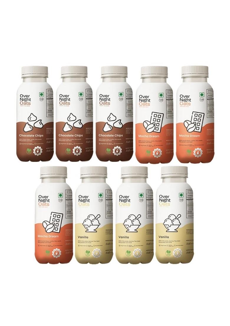 Overnight Oats With Vegan Protein | High Protein Oats Breakfast With Dietary Fibre | Just Add Milk | Ready In Minutes | No Preservatives | 3 Chocolate Chips + 3 Mocha + 3 Vanilla (Pack Of 9, 50G)