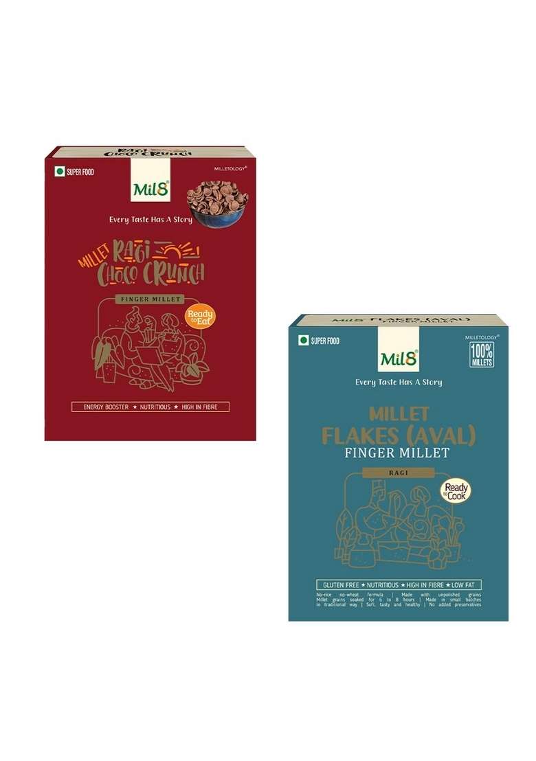 Mil8 Ragi Choco Crunch & Flakes (Aval) Finger Millet Combo (80Gram-200Gram) Nutritious, Delicious And Healthy Breakfast Solution - Indya