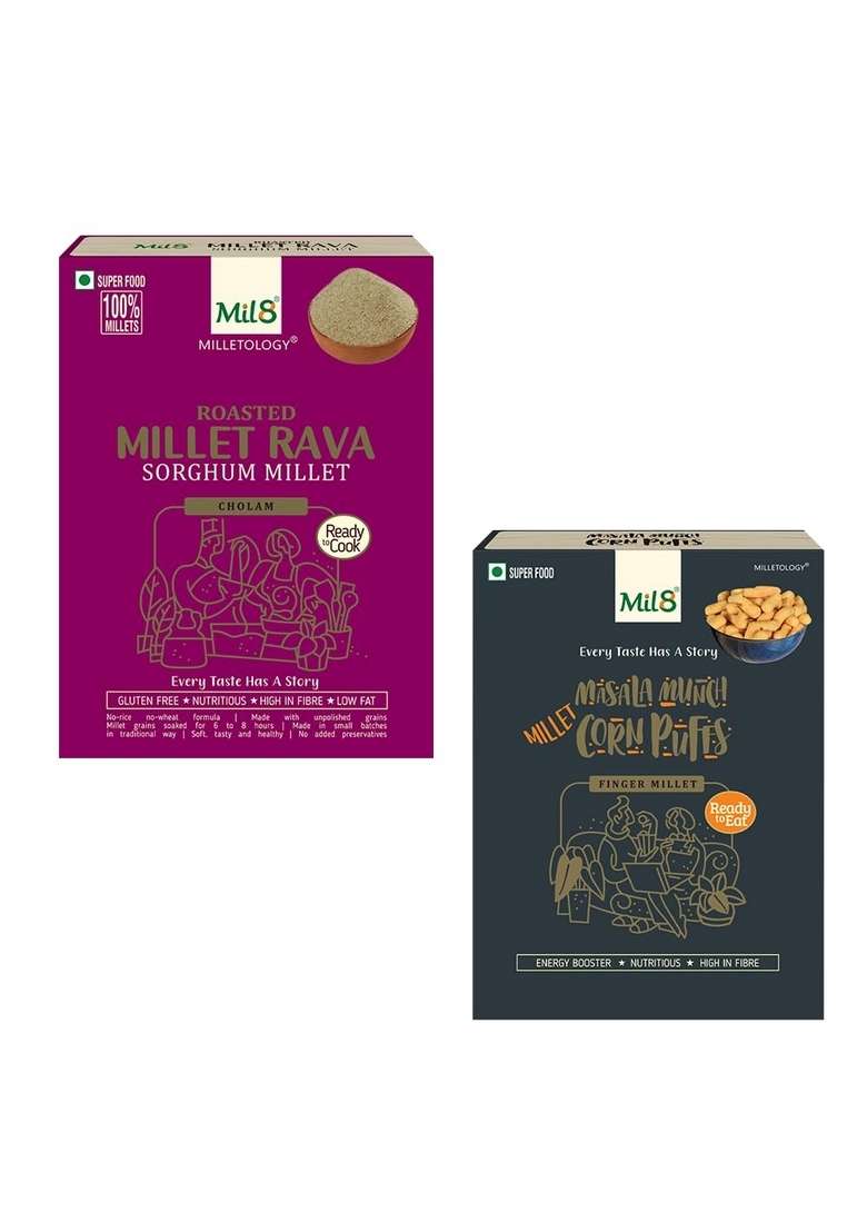 Mil8 Rava Sorghum & Corn Puffs Masala Combo (300Gram-30Gram) Nutritious, Delicious And Healthy Breakfast Solution - Indya