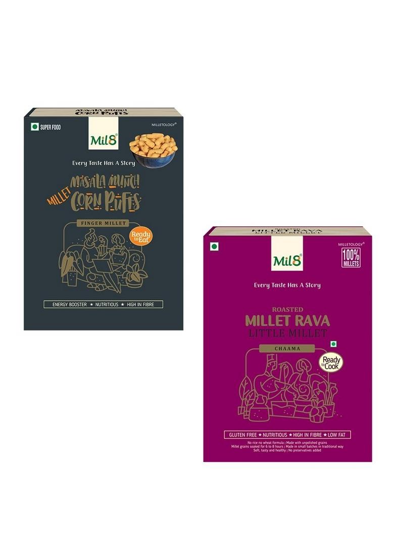 Mil8 Corn Puffs Masala & Rava Little Millet Combo (30Gram-300Gram) Nutritious, Delicious And Healthy Breakfast Solution