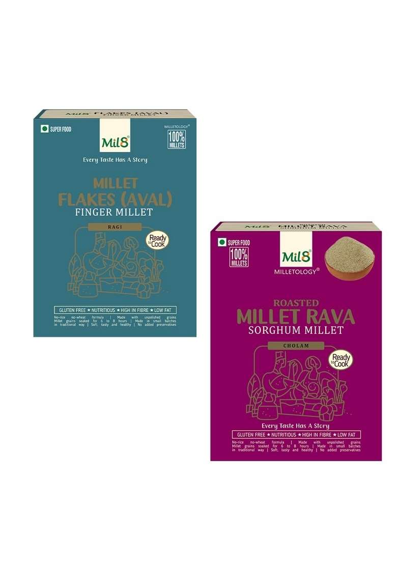 Mil8 Flakes (Aval) Finger & Rava Sorghum Millet Combo (200Gram-300Gram) Nutritious, Delicious And Healthy Breakfast Solution - Indya