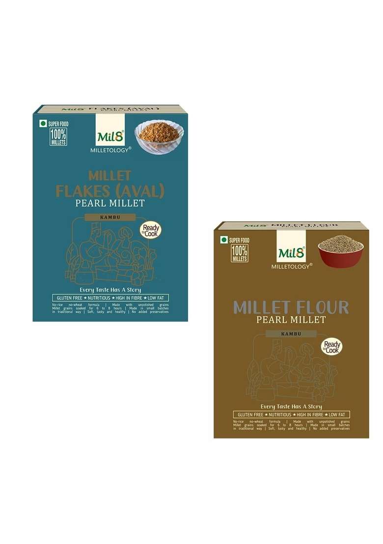 Mil8 Flakes (Aval) Pearl & Flour Pearl Millet Combo (200Gram-300Gram) Nutritious, Delicious And Healthy Breakfast Solution - Indya