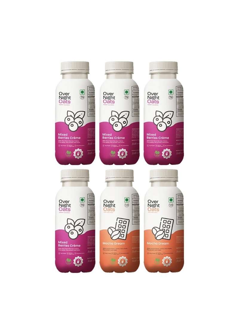 Overnight Oats With Vegan Protein | High Protein Oats Breakfast With Dietary Fibre | Just Add Milk | Ready In Minutes | No Preservatives | 4 Mixed Berries + 2 Mocha (Pack Of 6, 50G Each) - Indya