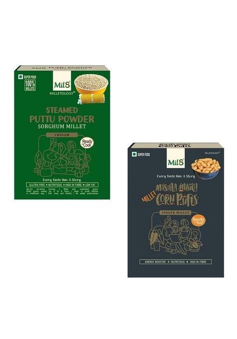 Mil8 Puttu Powder Sorghum & Corn Puffs Masala Combo (300Gram-30Gram) Nutritious, Delicious And Healthy Breakfast Solution