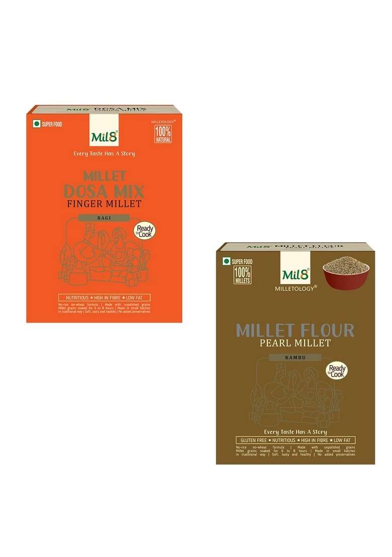 Mil8 Dosamix Finger & Flour Pearl Millet Combo (300Gram-300Gram) Nutritious, Delicious And Healthy Breakfast Solution - Indya
