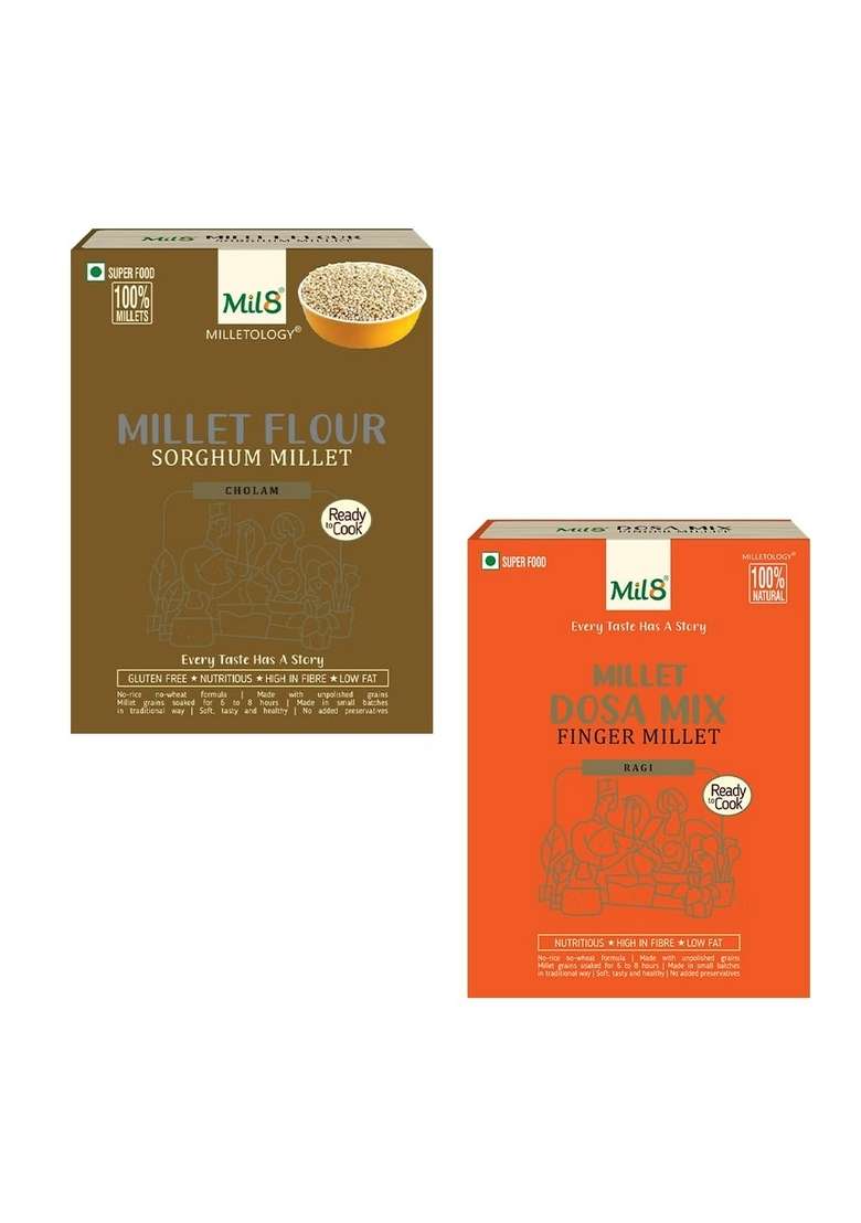 Mil8 Flour Sorghum & Dosamix Finger Millet Combo (300Gram-300Gram) Nutritious, Delicious And Healthy Breakfast Solution - Indya