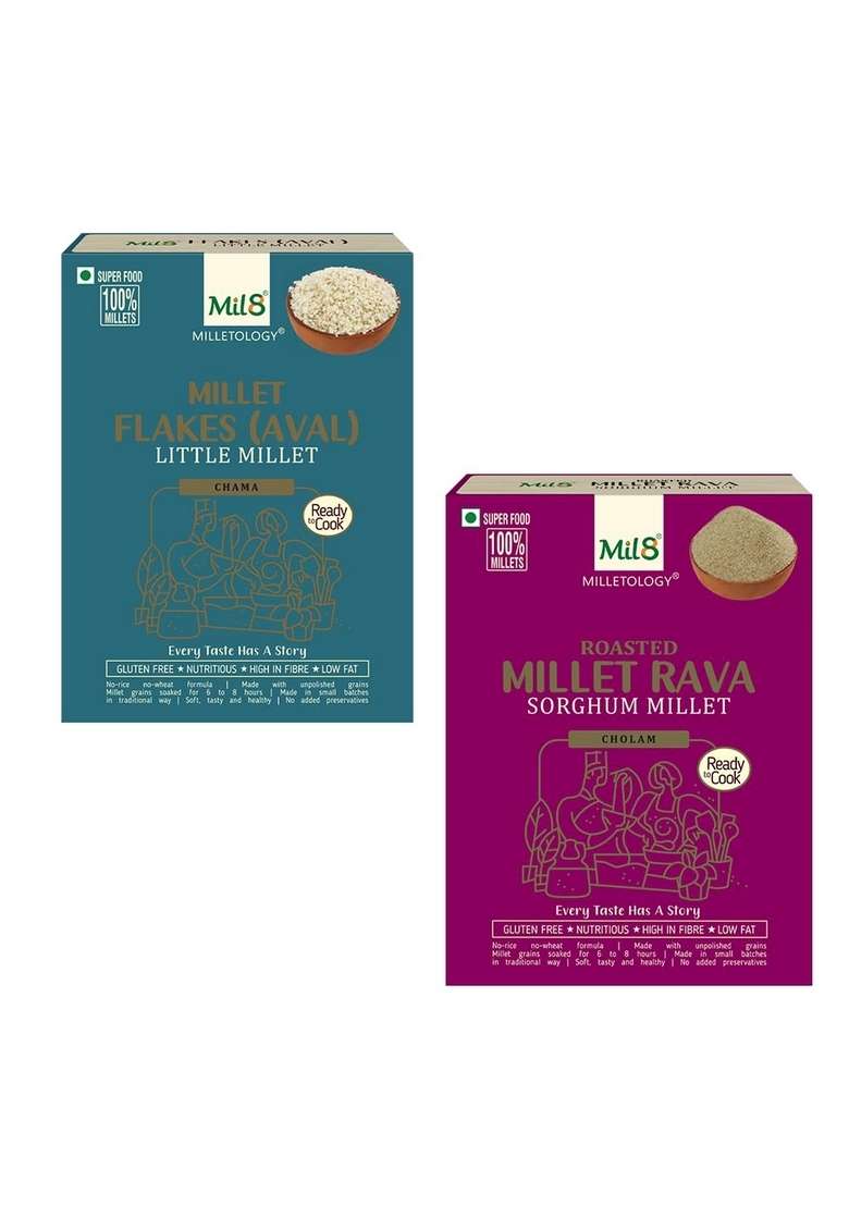 Mil8 Flakes (Aval) Little & Rava Sorghum Millet Combo (200Gram-300Gram) Nutritious, Delicious And Healthy Breakfast Solution - Indya