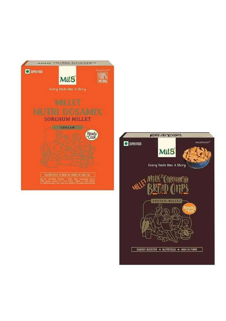 Mil8 Nutri Dosamix Sorghum & Bread Chips Milk And Cardamom Combo (300Gram-40Gram) Nutritious, Delicious And Healthy Breakfast Solution - Indya