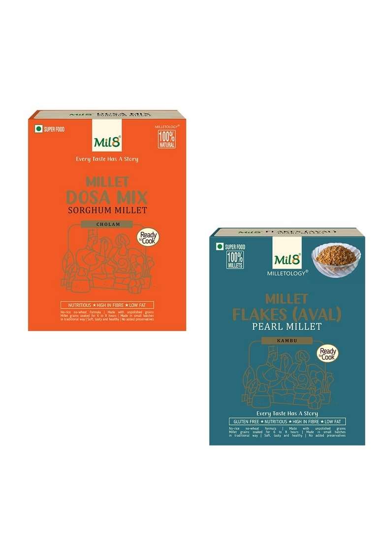Mil8 Dosamix Sorghum & Flakes (Aval) Pearl Millet Combo (300Gram-200Gram) Nutritious, Delicious And Healthy Breakfast Solution - Indya