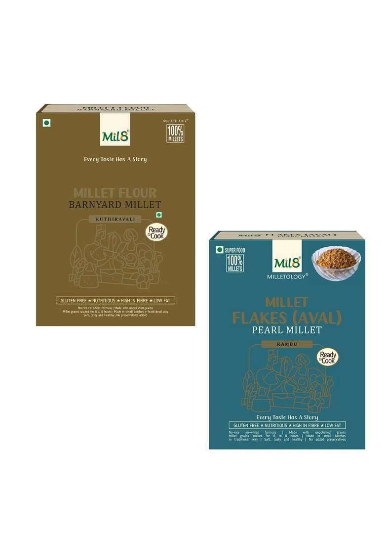 Mil8 Flour Barnyard & Flakes (Aval) Pearl Millet Combo (300Gram-200Gram) Nutritious, Delicious And Healthy Breakfast Solution - Indya