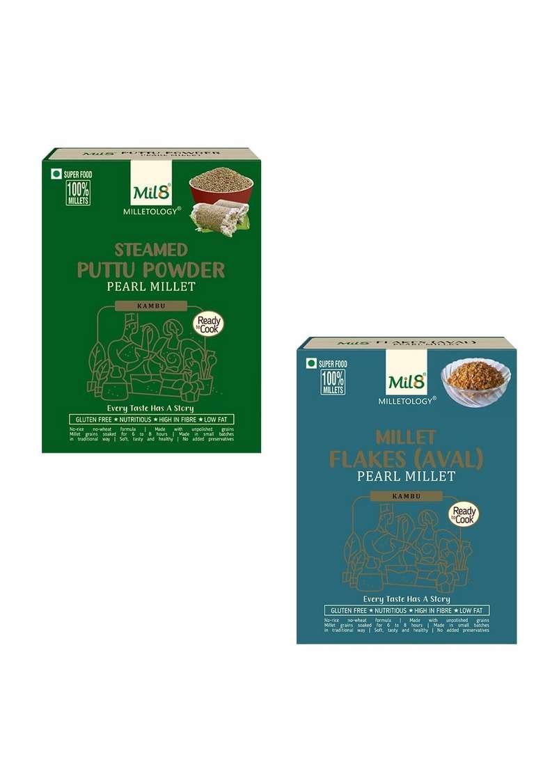 Mil8 Puttu Powder Pearl & Flakes (Aval) Pearl Millet Combo (300Gram-200Gram) Nutritious, Delicious And Healthy Breakfast Solution - Indya