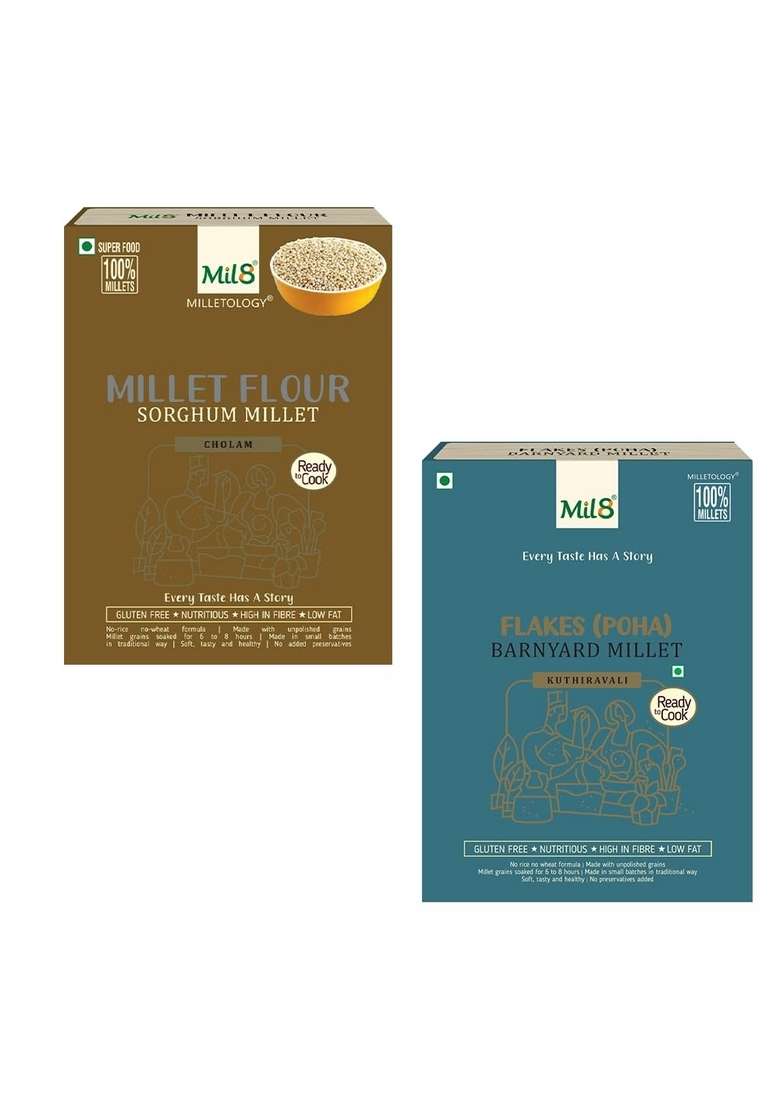 Mil8 Flour Sorghum & Flakes (Aval) Barnayard Millet Combo (300Gram-200Gram) Nutritious, Delicious And Healthy Breakfast Solution - Indya