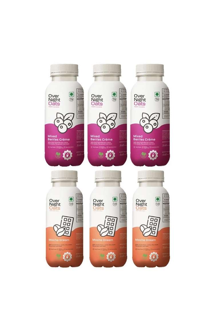Overnight Oats With Vegan Protein | High Protein Oats Breakfast With Dietary Fibre | Just Add Milk | Ready In Minutes | No Preservatives | 3 Mixed Berries + 3 Mocha (Pack Of 6, 50G Each) - Indya