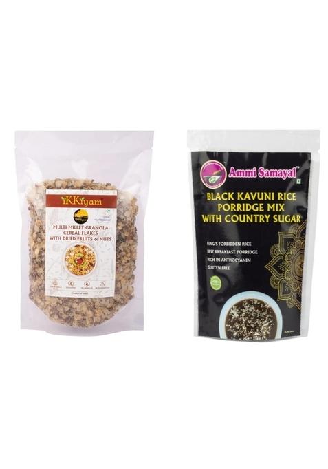 Ikkiyam Combo Of Multi Millet Granola Cereal Flakes With Dried Fruits And Nuts With Palm Sugar And Black Kavuni Rice Porridge Mix With Country Sugar Gluten-Free Healthy Breakfast For Kids And Adults 250G And 100G