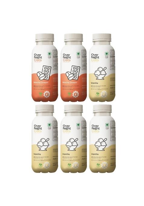 Overnight Oats With Vegan Protein | High Protein Oats Breakfast With Dietary Fibre | Just Add Milk | Ready In Minutes | No Preservatives | 2 Mocha + 4 Vanilla (Pack Of 6, 50G Each)