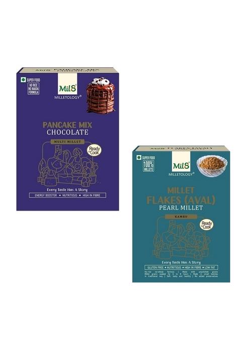 Mil8 Pancake Mix Chocolate & Flakes (Aval) Pearl Millet Combo (200Gram-200Gram) Nutritious, Delicious And Healthy Breakfast Solution