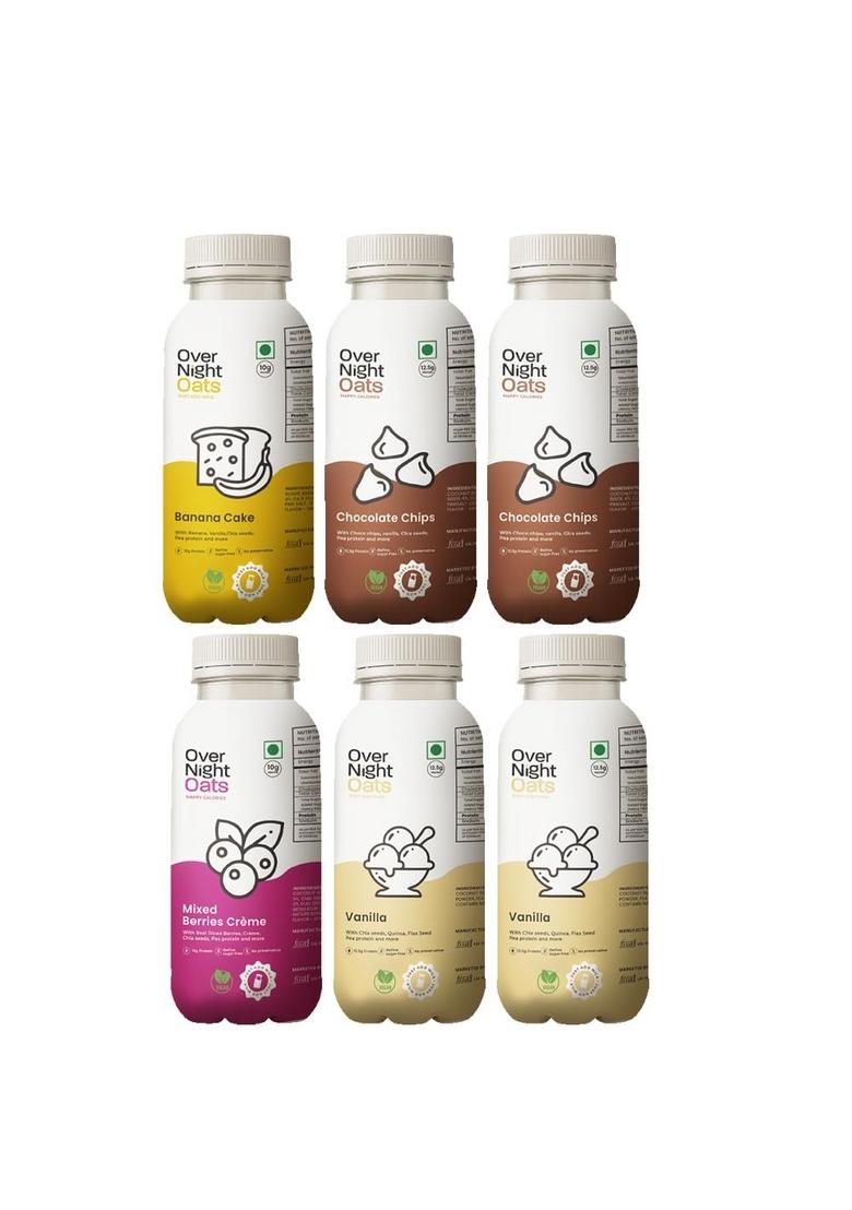 Overnight Oats With Vegan Protein | High Protein Oats Breakfast With Dietary Fibre | No Preservatives | 1 Banana Cake + 2 Chocolate Chips + 1 Mixed Berries + 2 Vanilla (Pack Of 6, 50G Each)