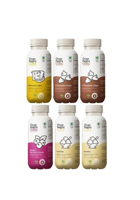 Overnight Oats With Vegan Protein | High Protein Oats Breakfast With Dietary Fibre | No Preservatives | 1 Banana Cake + 2 Chocolate Chips + 1 Mixed Berries + 2 Vanilla (Pack Of 6, 50G Each)