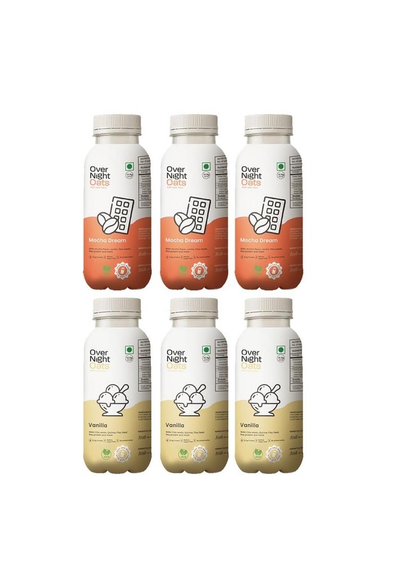 Overnight Oats With Vegan Protein | High Protein Oats Breakfast With Dietary Fibre | Just Add Milk | Ready In Minutes | No Preservatives | 3 Mocha + 3 Vanilla (Pack Of 6, 50G Each)