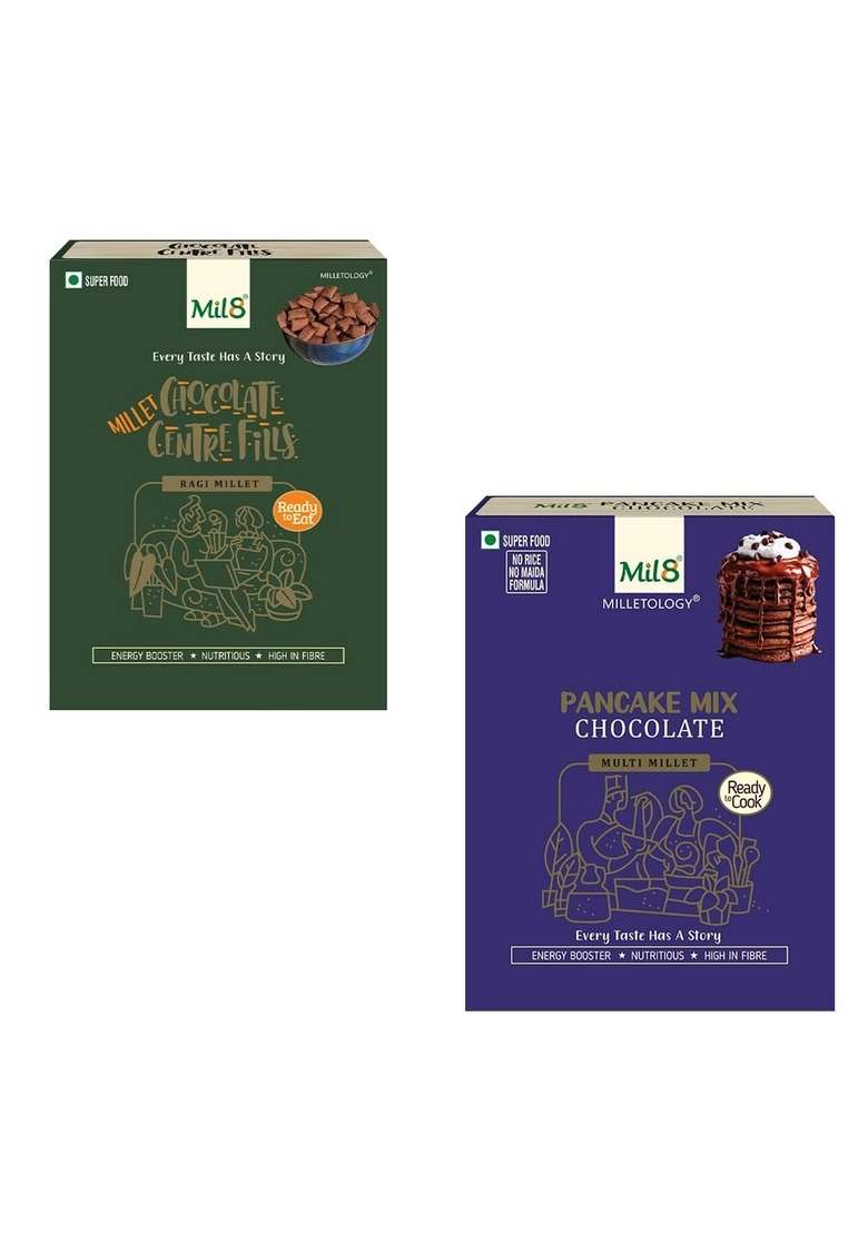 Mil8 Ragi Chocolate Centre Fills & Pancake Mix Chocolate Combo (100Gram-200Gram) Nutritious, Delicious And Healthy Breakfast Solution - Indya