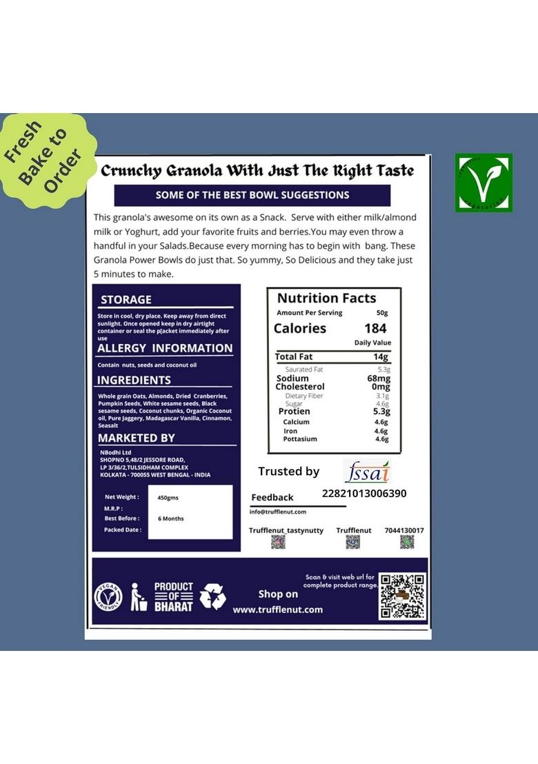 Trufflenut Delicious Jaggery Granola | 55% Nuts And Power Seeds| No Added Sugar Or Preservatives | Rolled Oats| Kick Start Day With Trufflenut Granola| Stay Energized| Best Granola In Market (250)