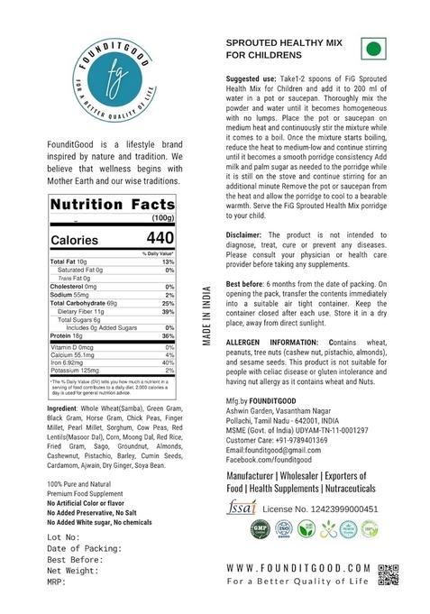 Fig Sprouted Healthy Mix (Sattu Maavu) For Children ~ Multi-Nutri Cereal Powder With 25 Naturally Nutritious Ingredients. Super Food & Nutritional Supplement. No Preservatives.