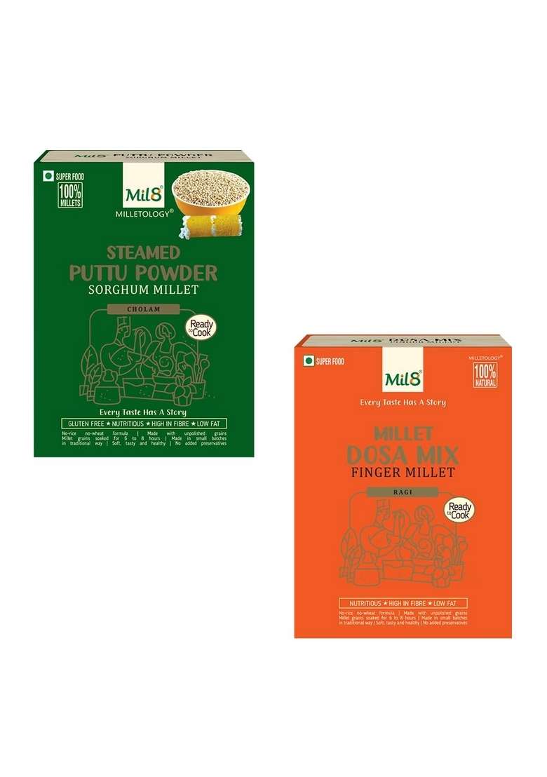 Mil8 Puttu Powder Sorghum & Dosamix Finger Millet Combo (300Gram-300Gram) Nutritious, Delicious And Healthy Breakfast Solution - Indya