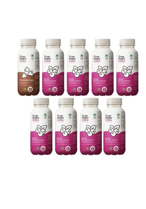 Overnight Oats With Vegan Protein | High Protein Oats Breakfast With Dietary Fibre | Just Add Milk | Ready In Minutes | No Preservatives | 1 Chocolate Chips + 8 Mixed Berries (Pack Of 9, 50G Each)