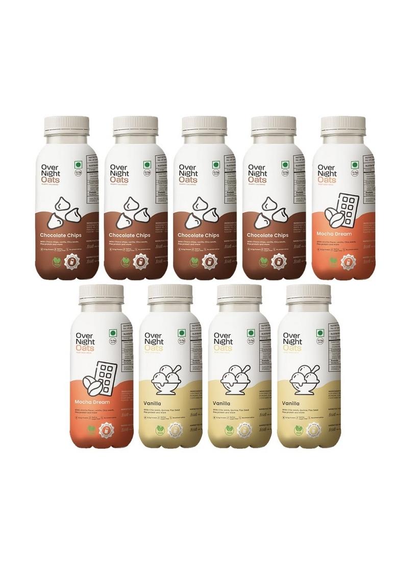 Overnight Oats With Vegan Protein | High Protein Oats Breakfast With Dietary Fibre | Just Add Milk | Ready In Minutes | No Preservatives | 4 Chocolate Chips + 2 Mocha + 3 Vanilla (Pack Of 9, 50G)