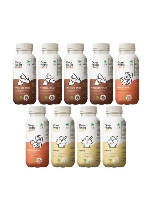 Overnight Oats With Vegan Protein | High Protein Oats Breakfast With Dietary Fibre | Just Add Milk | Ready In Minutes | No Preservatives | 4 Chocolate Chips + 2 Mocha + 3 Vanilla (Pack Of 9, 50G)