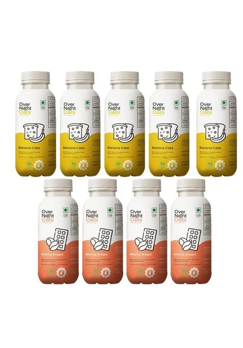 Overnight Oats With Vegan Protein | High Protein Oats Breakfast With Dietary Fibre | Just Add Milk | Ready In Minutes | No Preservatives | 5 Banana Cake + 4 Mocha (Pack Of 9, 50G Each)
