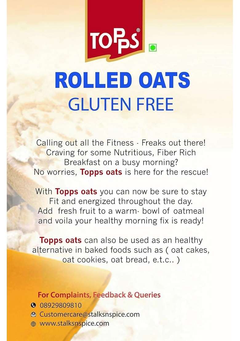 Topps Rolled Oats | Gluten Free | 100% Whole Grain, High In Fiber & High In Protein | 425G - Indya