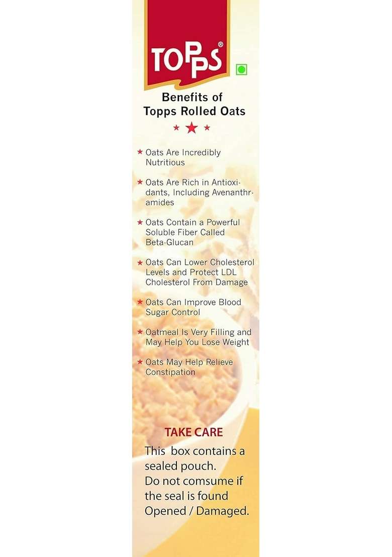Topps Rolled Oats | Gluten Free | 100% Whole Grain, High In Fiber & High In Protein | 425G - Indya