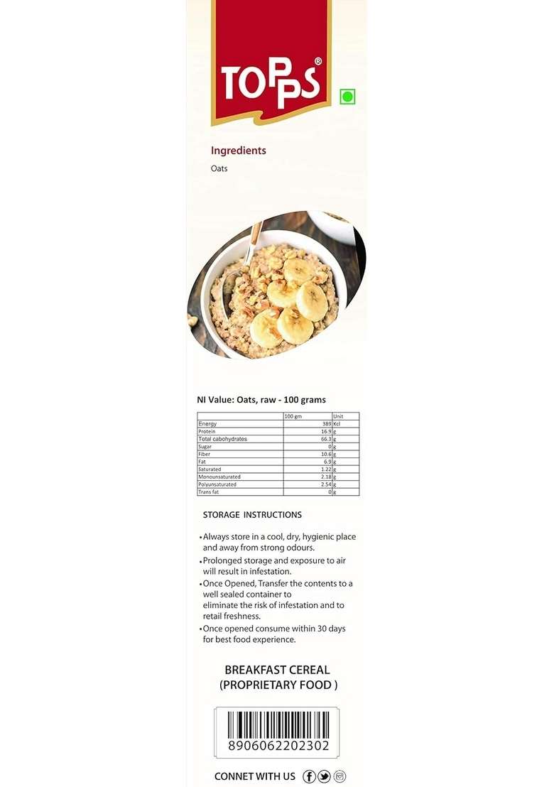 Topps Rolled Oats | Gluten Free | 100% Whole Grain, High In Fiber & High In Protein | 425G - Indya