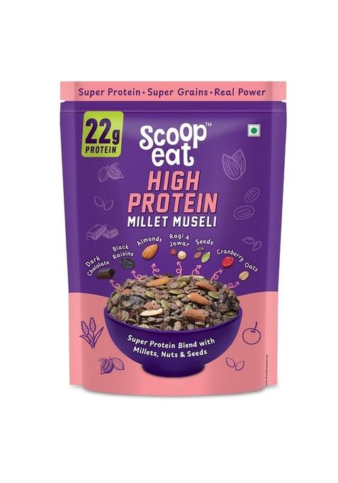 Scoopeat 22Gm High-Protein Muesli - 750G Dark Chocolate & Cranberry | Pre/Post Workout Cereal & Breakfast Food With Soy Protein, Millets Finger Millets (Ragi), Sorghum (Jowar) Oats, (Almond, Pumpkin, Flax Seeds, Chia Seeds), (Cranberry, Black Raisins), Su