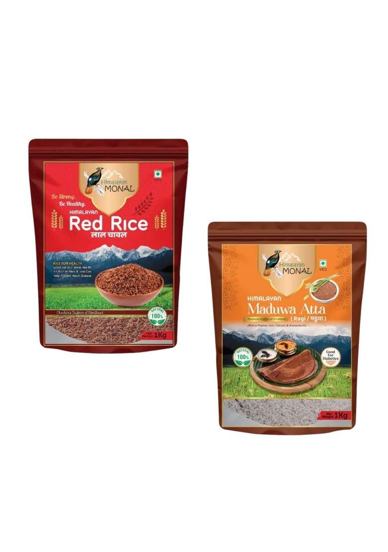 Himalayan Monal Red Rice 1 Kg And Madhwa Atta Ragi Rich In Protein Iron Calcium Antioxidants Good For Diabetics Veg | Pack Of 2 - Indya