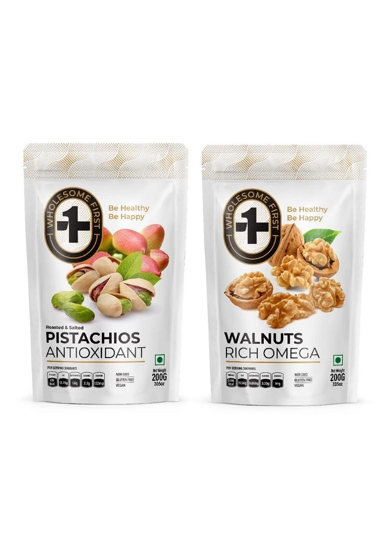 Wholesome First Pistachios 200 Grms + Walnut 200 Grms Gluten Free, Non Gmo And 100% Vegan Pack Of 2