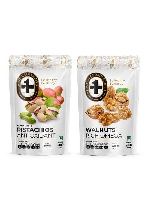 Wholesome First Pistachios 200 Grms + Walnut 200 Grms Gluten Free, Non Gmo And 100% Vegan Pack Of 2