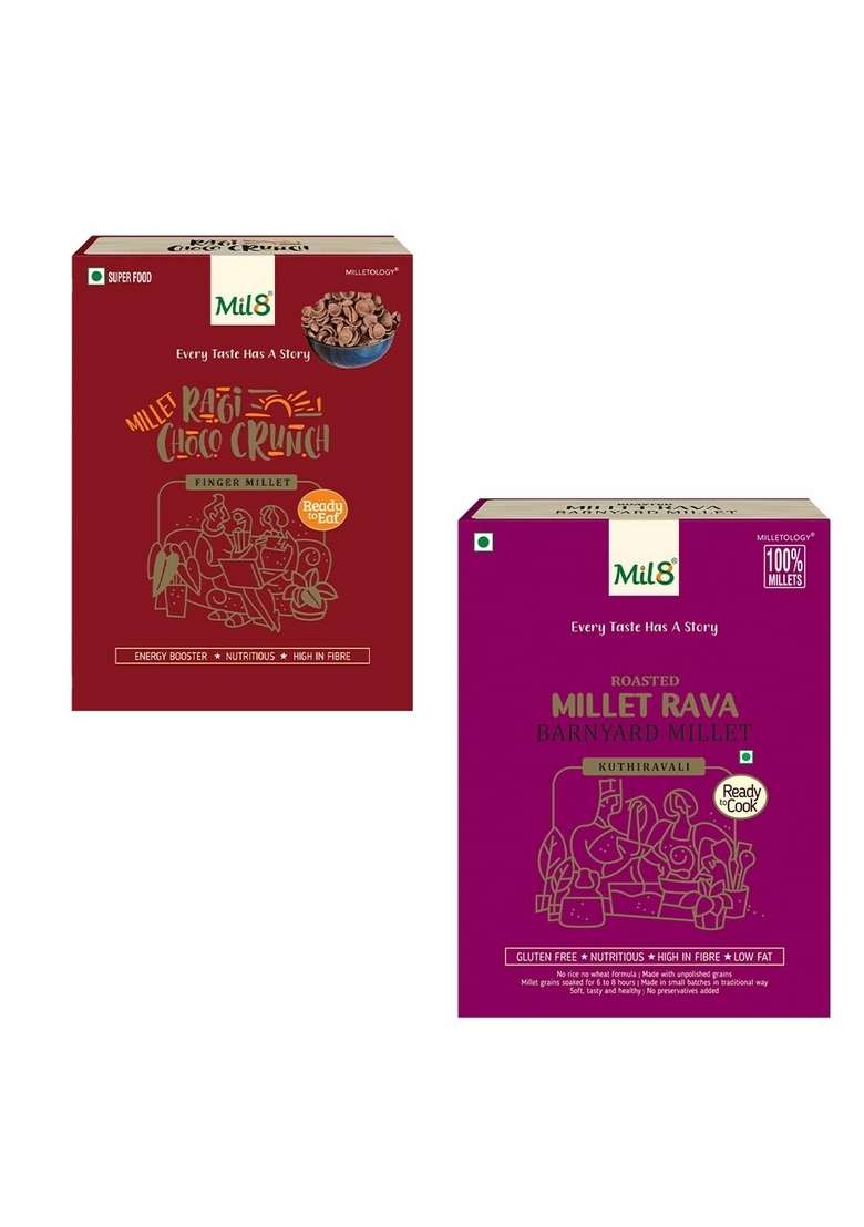 Mil8 Ragi Choco Crunch & Rava Barnyard Millet Combo (80Gram-300Gram) Nutritious, Delicious And Healthy Breakfast Solution - Indya
