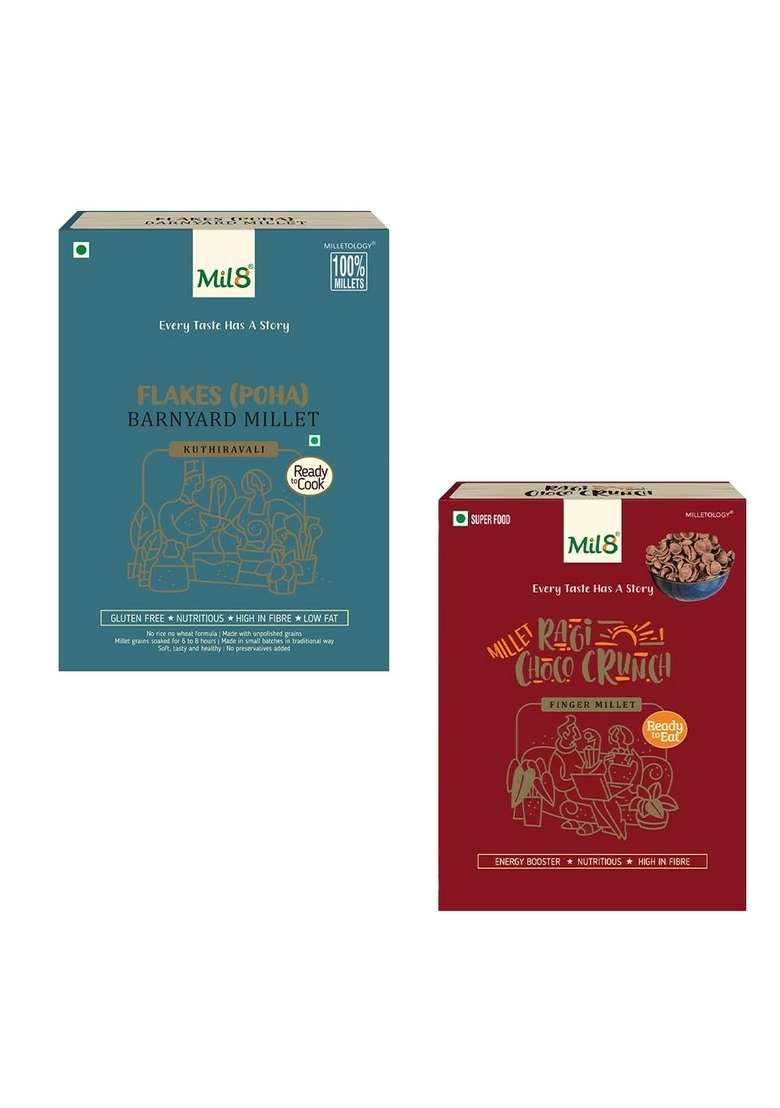 Mil8 Flakes (Aval) Barnayard & Ragi Choco Crunch Combo (200Gram-80Gram) Nutritious, Delicious And Healthy Breakfast Solution - Indya