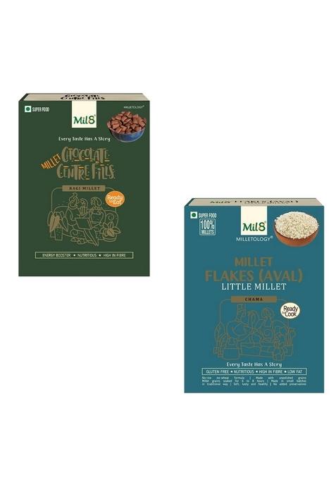 Mil8 Ragi Chocolate Centre Fills & Flakes (Aval) Little Millet Combo (100Gram-200Gram) Nutritious, Delicious And Healthy Breakfast Solution