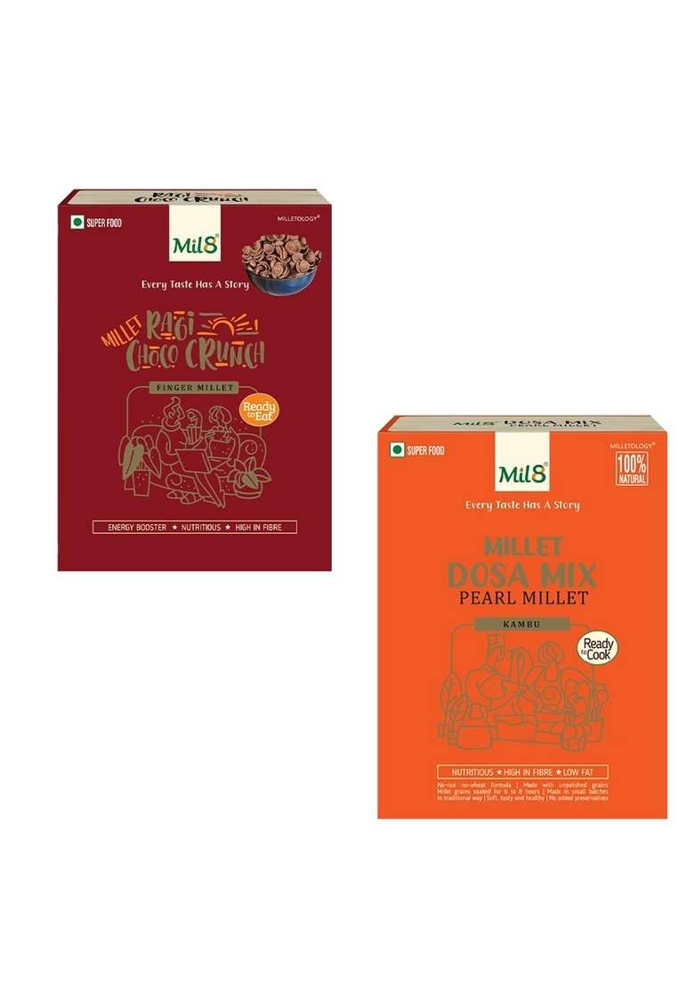 Mil8 Ragi Choco Crunch & Dosamix Pearl Millet Combo (80Gram-300Gram) Nutritious, Delicious And Healthy Breakfast Solution - Indya