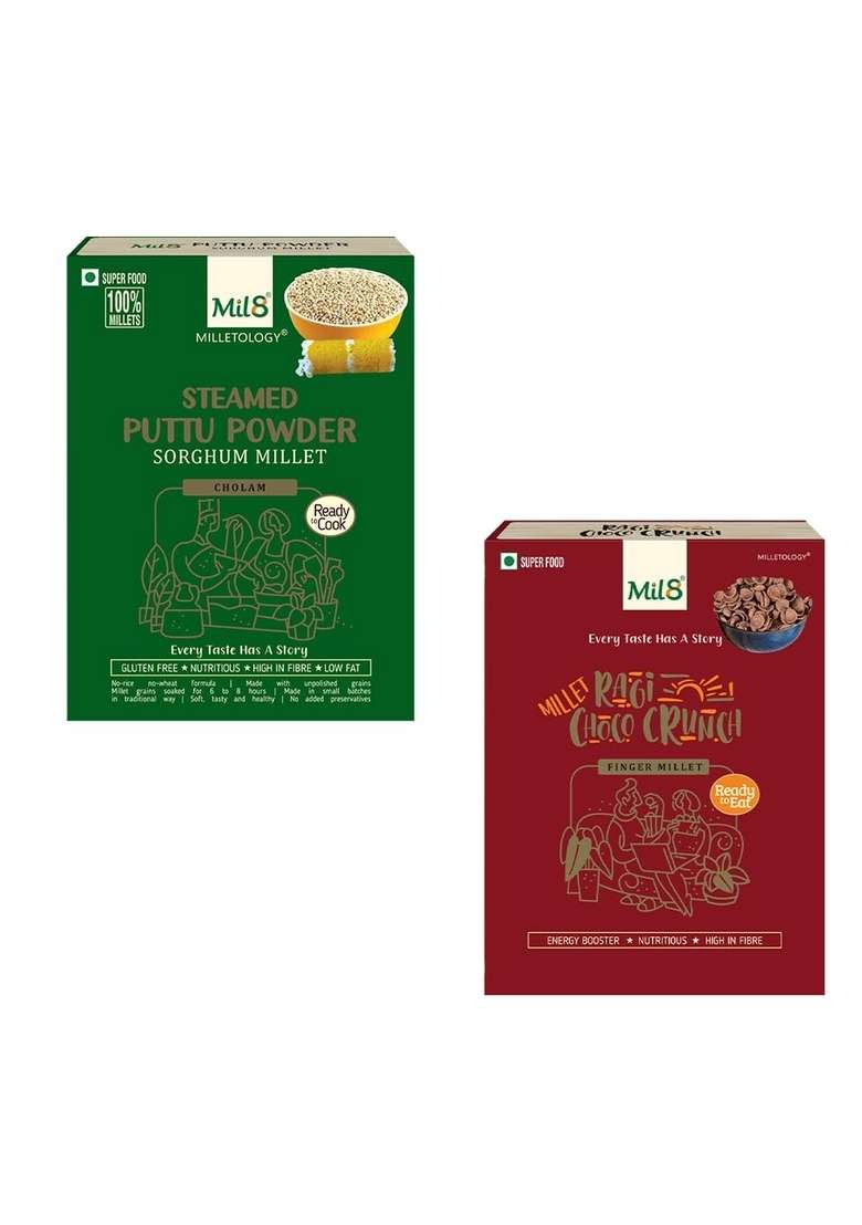 Mil8 Puttu Powder Sorghum & Ragi Choco Crunch Combo (300Gram-80Gram) Nutritious, Delicious And Healthy Breakfast Solution - Indya